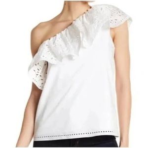 $189 Parker White Cotton Eyelet Embroidery One Shoulder Top